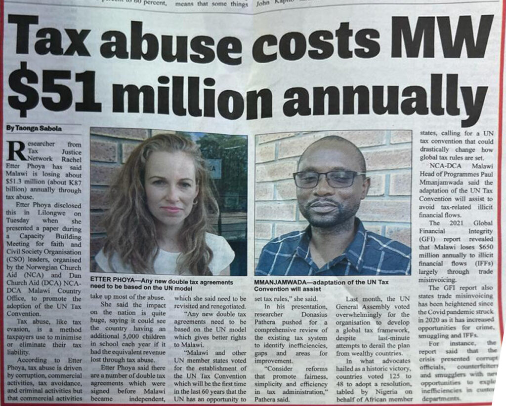 Photo of the article in the Times Business section, with the headline reading: Tax abuse costs MW $51 million annually. 